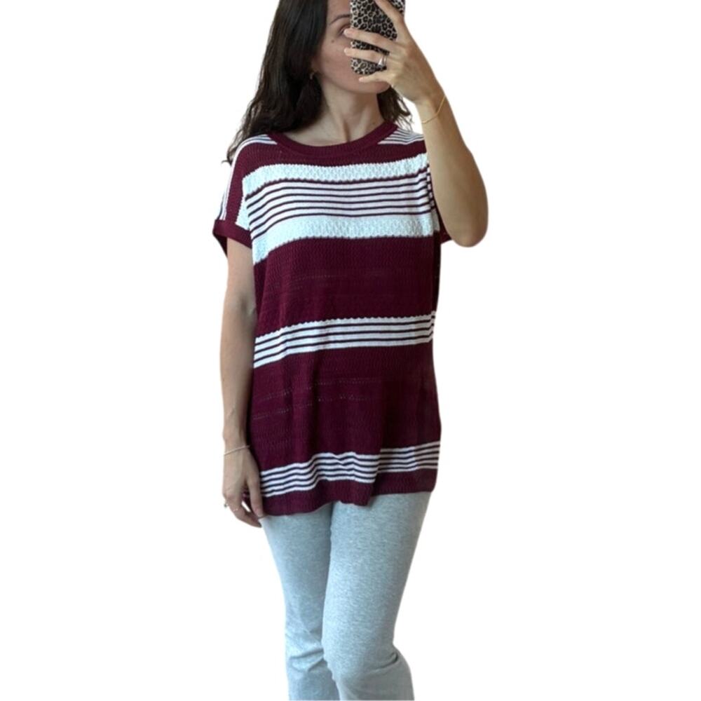 CiCiBird Striped Burgundy Crochet Open Knit Short Sleeve Sweater Tunic Top Sz S